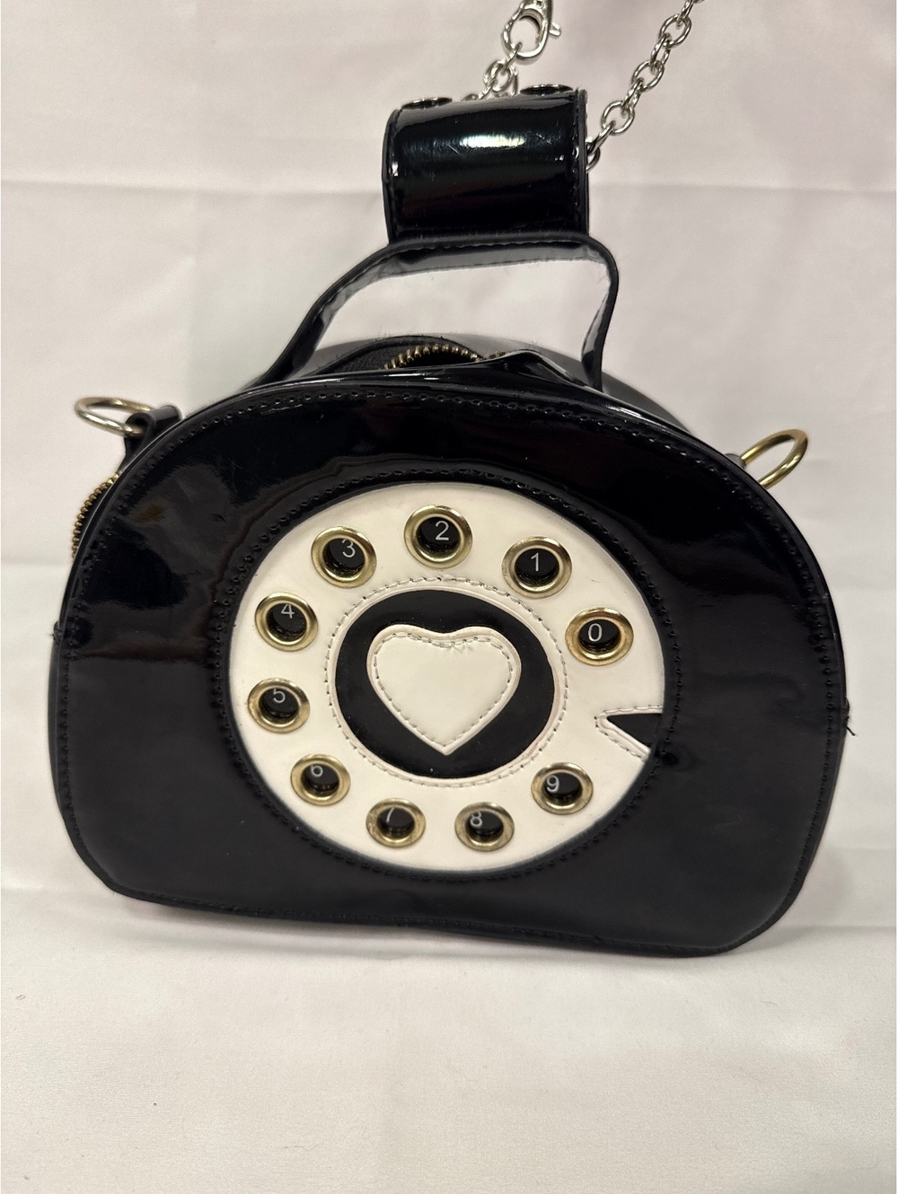 Retro Rotary Phone Shaped Novelty Handbag with Floral Strap Black
